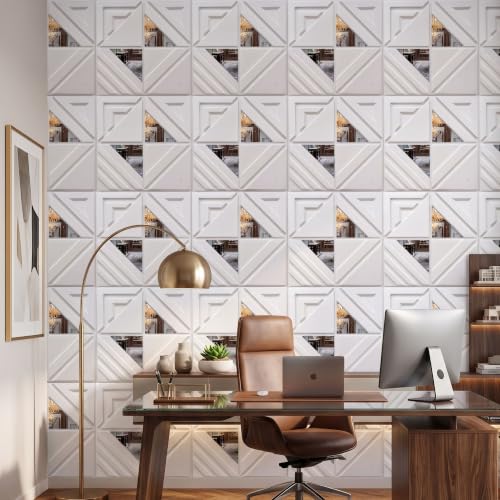 Image of Kayra Decor 3D PVC Wall Panels |Geometric Design | White Color with Silver Acrylic | Panels for Bedroom & Living Room | 19.7 x 19.7 Inch | Pack of 40 | 107.6 Sq Ft