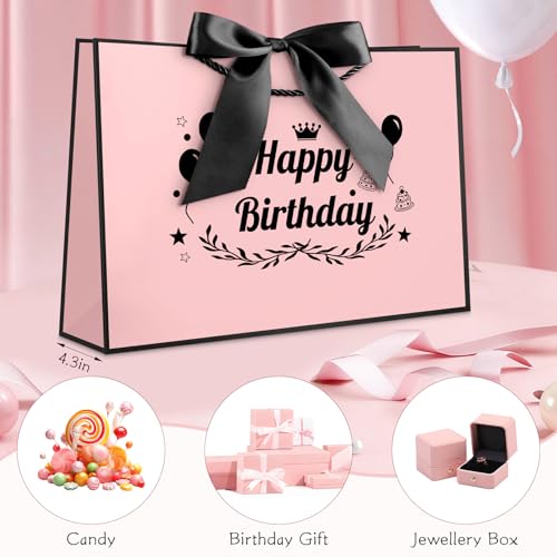 Image of JMANNI Happy Birthday Gift Bag, Pink with Black Satin Bow & Crown Design, Medium Birthday Present Bag for Party Favors, Size 12.60 inchx8.66 inchx4.33 inch