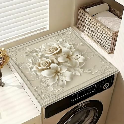 Image of Stylish Floral Washing Machine Mat | Waterproof Anti-Slip Absorbent Top Cover Mat for Laundry Room | Washable Dustproof Protective Floral Print Mat for Front Load and Top Load Washing Machines
