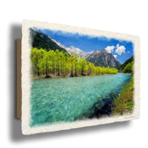 和紙の絵写真 「残雪の穂高連峰と新緑の梓川」 水晶入り パネル付き 36x24cm 風水 玄関 絵画 絵 インテリアおしゃれ 壁掛け 北欧 風景画 アートパネル 緑 初夏 Natural Memories
