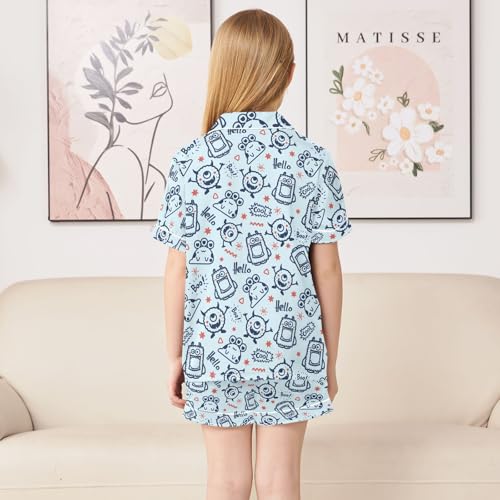 Cute Blue Monster Prints Summer Satin Pajama Set, Cute Button-Down Sleepwear Pj Set for Sleep Wears4