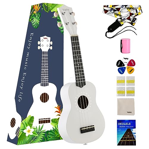VANPHY Soprano Ukulele for Beginner Adults with Gig Bag 21 Inch Uke for Starter Hawaiian Soprano Ukalalee Polishing Basswood 21 Inch Uke Bundle with Strap Picks Songbook Cleaning Cloth (White)