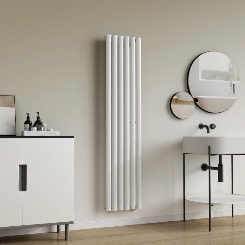 Aura Single Oval Vertical Designer Radiator 1600x360mm – High BTU Heat Output with 6-Tube Heat Circulation – Central Heating Compatible Radiator for Bathroom, Bedroom - White