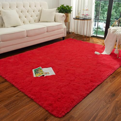 Image of Carpet for Hallway, Kitchen, and Modern InteriorsCarpetCozy Shag Runner for Living Room, Bedroom & Office Decor ETC Size 5x8 feet, Patten-Solid Red
