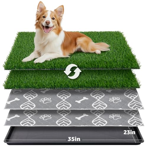 LOOBANI Large Dog Grass Pad with Tray - 35x23in Dog Litter Box with 2 Artificial Grass Patch + 2 Washable Pee Pads - Quickly Absorbency Indoor Outdoor Potty for Patio Balcony Apartment Use