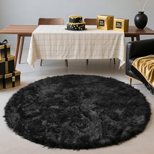 Black Fluffy Round Area Rugs for Bedroom,5'X5'Shag Circle Area Rugs for Living Room,Non Slip Fuzzy Plush Rug for Kids Room Boys Girls Room and Dorm Home Decor Rug