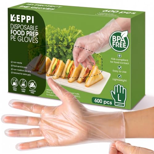 Image of Keppi HD PROTECT Disposable Plastic Gloves 600 Pack (Large) - Food Safe, BPA & Latex-Free HDPE Gloves for Cooking, Food Prep, Kitchen Use, Serving & Crafts - Clear, Single-Use, Comfortable Fit