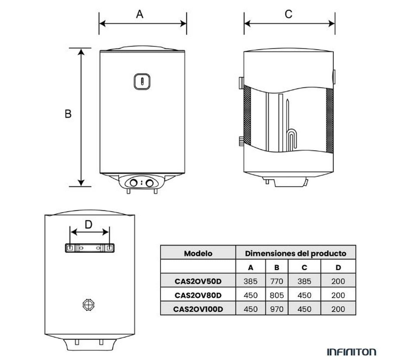 INFINITON Termo Electrico CAS20V80D, 80 Litros, Resistencias esmaltadas por aluminio SUS316L, Instalación en posición vertical, Selector de temporada climática, C