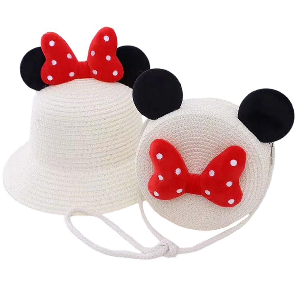 OPVXZADEnsemble Chapeau en Paille et Sac à Main pour Filles,Chapeau de Soleil Ensembleavec Design Noeud d'oreille de Rat pour 4-8 Ans Vacances Plage Voyage Randonée
