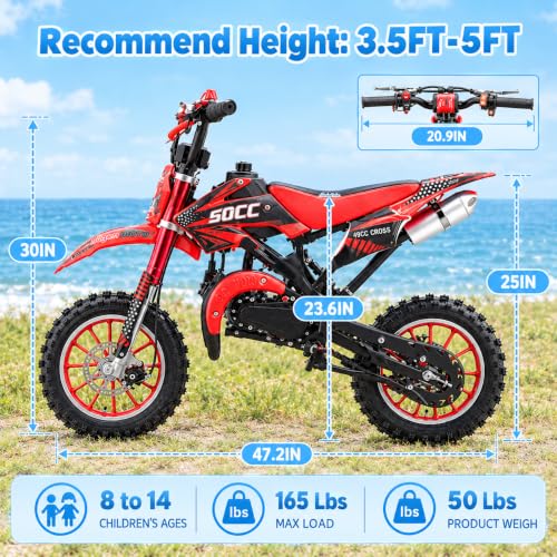 Image of 50cc Dirt Bike, 2 Stroke Gas Mini Bike for Kids 8-15, Red,2026 Upgraded