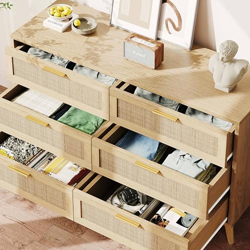 Rovaurx 6 Drawer Double Dresser for Bedroom, Rattan Chest of Dressers, Modern Wooden Dresser Chest with Golden Handles, Beside Table for Closet, Living Room and Entryway, Natural - Image 7