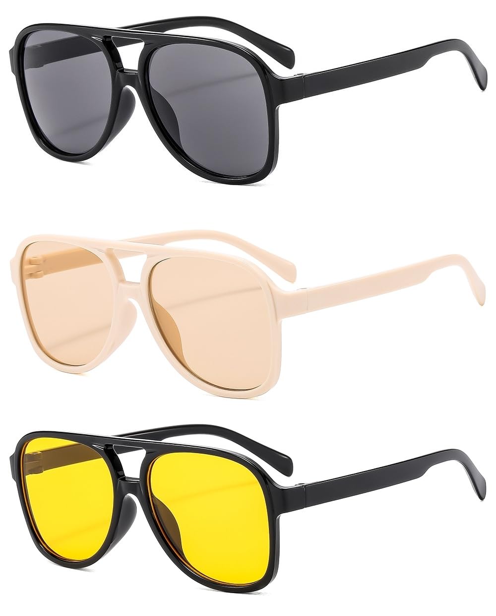 Vintage Piloten-Sonnenbrille für Frauen und Männer, 70er Jahre Gläser, übergroße gelbe Gläser, Retro-Stil