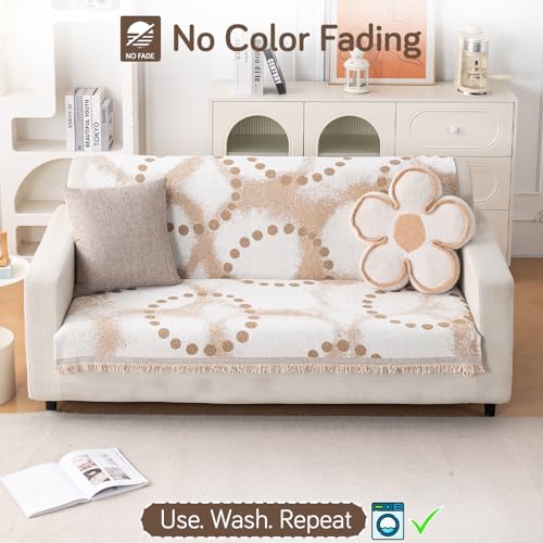 Image of HOKIPO Serene Abode Sofa Cover 3 Seater, 180x175 cm, Latte Dotted Wave