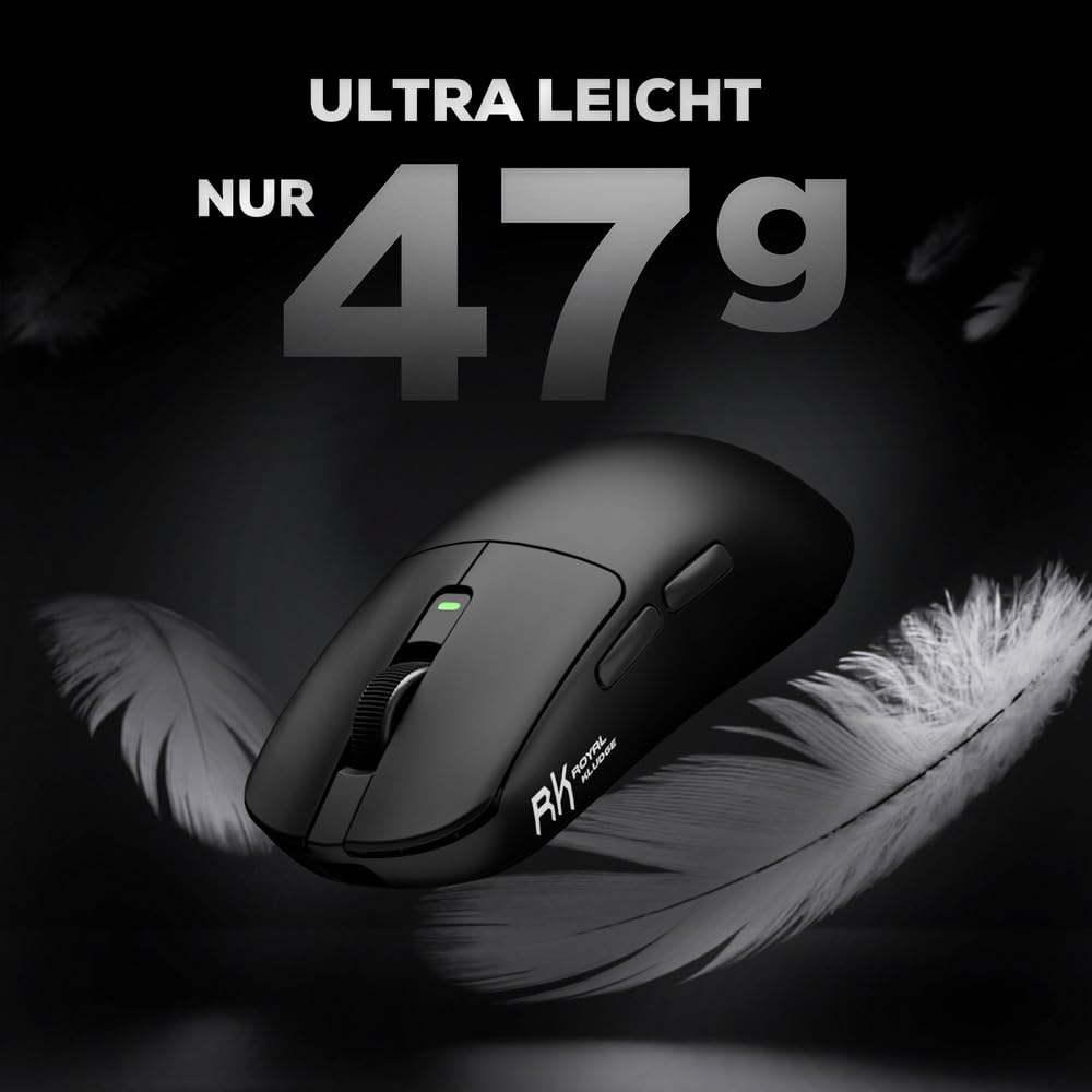 RK ROYAL KLUDGE M3 Wireless Gaming Mouse mit PAW3950 30K DPI Sensor, 47g Lightweight Maus Gaming, 8K Polling, Kabelgebunden/2.4G/BT Wireless Mouse, 650mAh, 5 programmierbare Tasten, Schwarz
