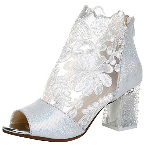 Jamron Mujer Respirable Encaje Peep Toe Talón de Bloque Verano Sandalia Botines Vestido Pumps Zapatos Blanco SN02538 EU36