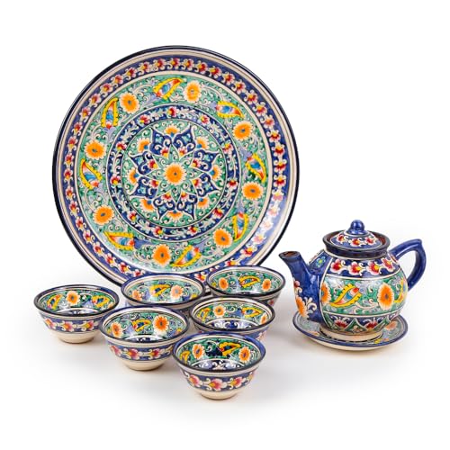 Rischtan Keramik Tafelservice Plov-Set KaraKalam Blau-Gelb | Handbemalt Usbekische Servierplatte | Lagan + Teller + Piala | Ljagan Orientalisches Geschirr für 6 Personen | сервиз плов Ляган (9)