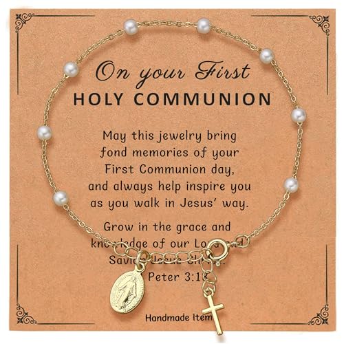 First Communion Rosary Bracelet, Dainty 14K Gold Plated Virgin Mary Pearl Cross Charm Bracelet Catholic Christian Religious Jewelry Gifts for Her