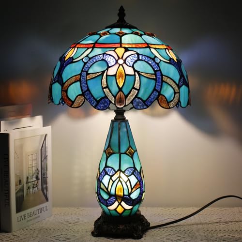 TCODTPOL Tiffany - Lámpara de mesa de vidrieras de 30,5 x 48 cm, para madre e hija, jarrón de escritorio, luz nocturna para dormitorio, mesita de noche, lectura, hogar, estilo antiguo (joyería verde