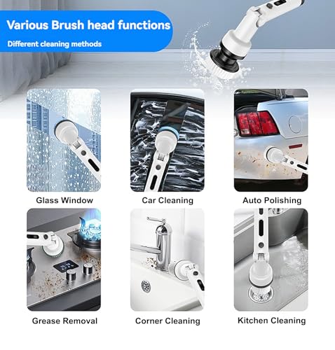 Image of 9 in 1 Cordless Electric Scrubber, 360 Rotating Cleaning Brush for Home, 9 Replaceable Heads, 2 Speed Settings, 90 Minutes Runtime, Adjustable Length for Bathroom, Kitchen, Car, and Floors
