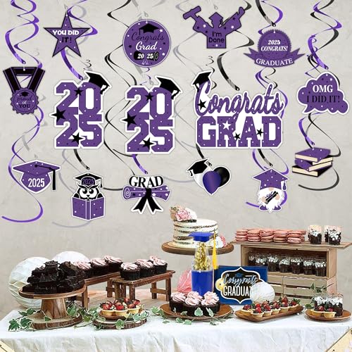 Image of Tifeson Graduation Decorations 2025 Purple - 21 PCS Graduation Party Supplies, Congrats Grad Hanging Swirls Decorations, High School College Graduation Party Decorations Class of 2025 Decor