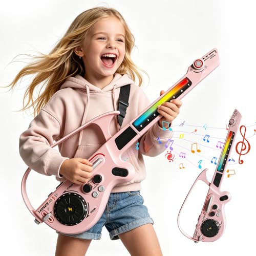 Stringless Smart Guitar for Kids Electric Guitar Toy with Bluetooth DJ Mixer 4 Tones & 3 Styles Rechargeable Musical Instrument Gift for Boys Girls Ages 3-12 (Pink)