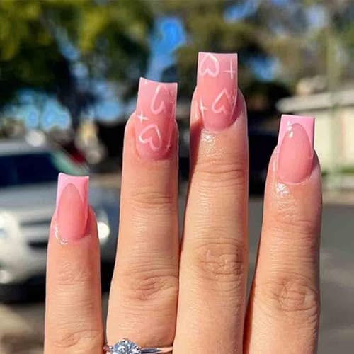 Miniatura 6 de Uñas postizas a presión con punta francesa, uñas acrílicas cuadradas con perlas, uñas blancas para mujer