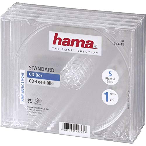 Hama | 00044748 - Caja para Guardar 1 CD, Pack de 5 Unidades, Resistentes, Color Transparente