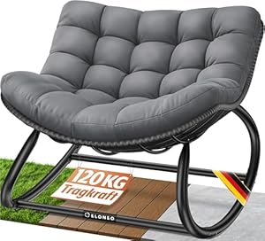 ELONEO Schaukelstuhl Outdoor XXL, ergonomischer Schaukelsessel mit Premium Sitzpolster für drinnen & draußen, Balkonsessel, wetterfester Loungesessel Outdoor, rutschfest, bis 120kg, Grau