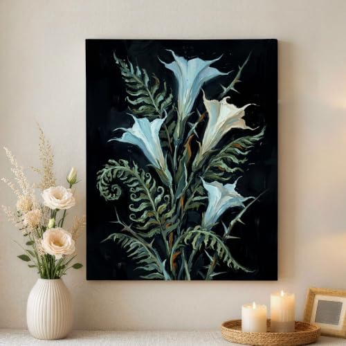 Lienzo floral blanco de 16x20 pulgadas, cuadro de hojas de helecho verde listo para colgar