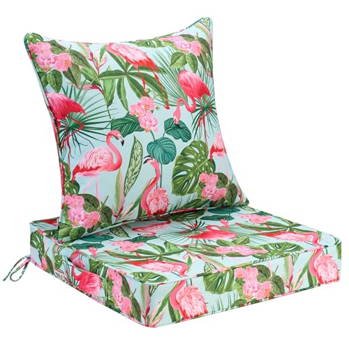 Image of UNIKOME 24 inchx24 inchx4 inch Outdoor Chair Cushions Set - Waterproof Patio Cushions for Outdoor Furniture with Removable Cover, Ties & Handle, Deep Seat Patio Cushions for Sofa Couch - Flamingos