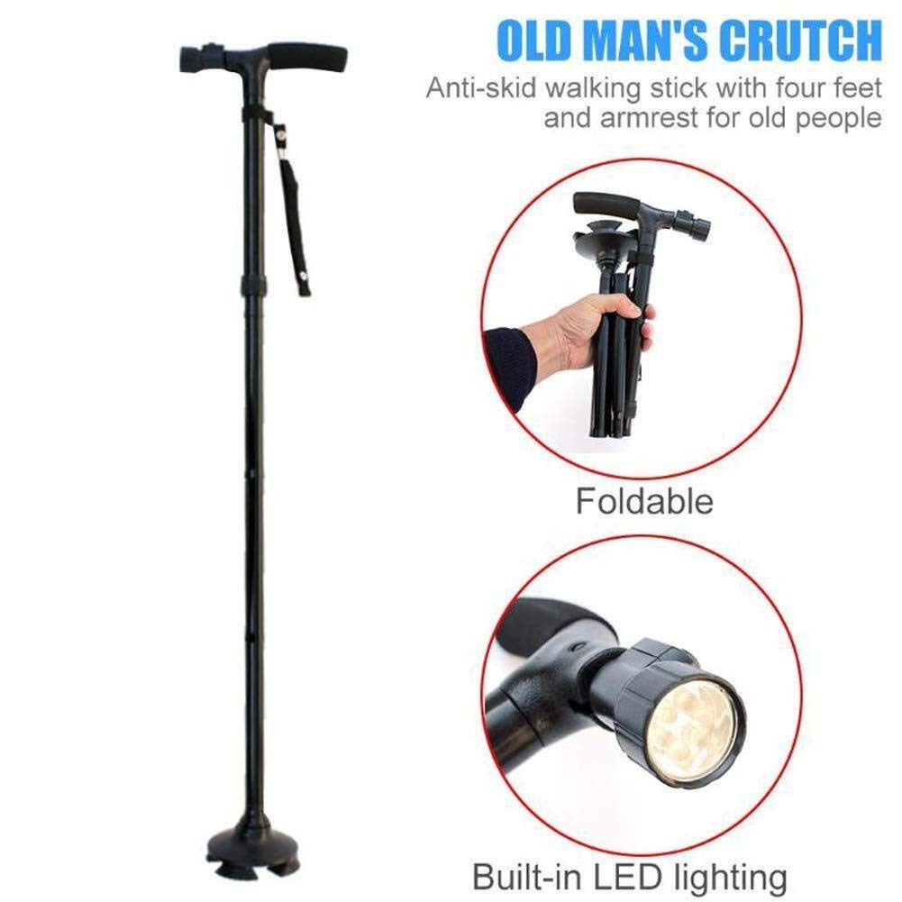 Bastón para Ancianos, de aleación de Aluminio, Plegable, con luz LED, 4 Cabezales, pivotante, de Trekking, de Seguridad, con muletas.