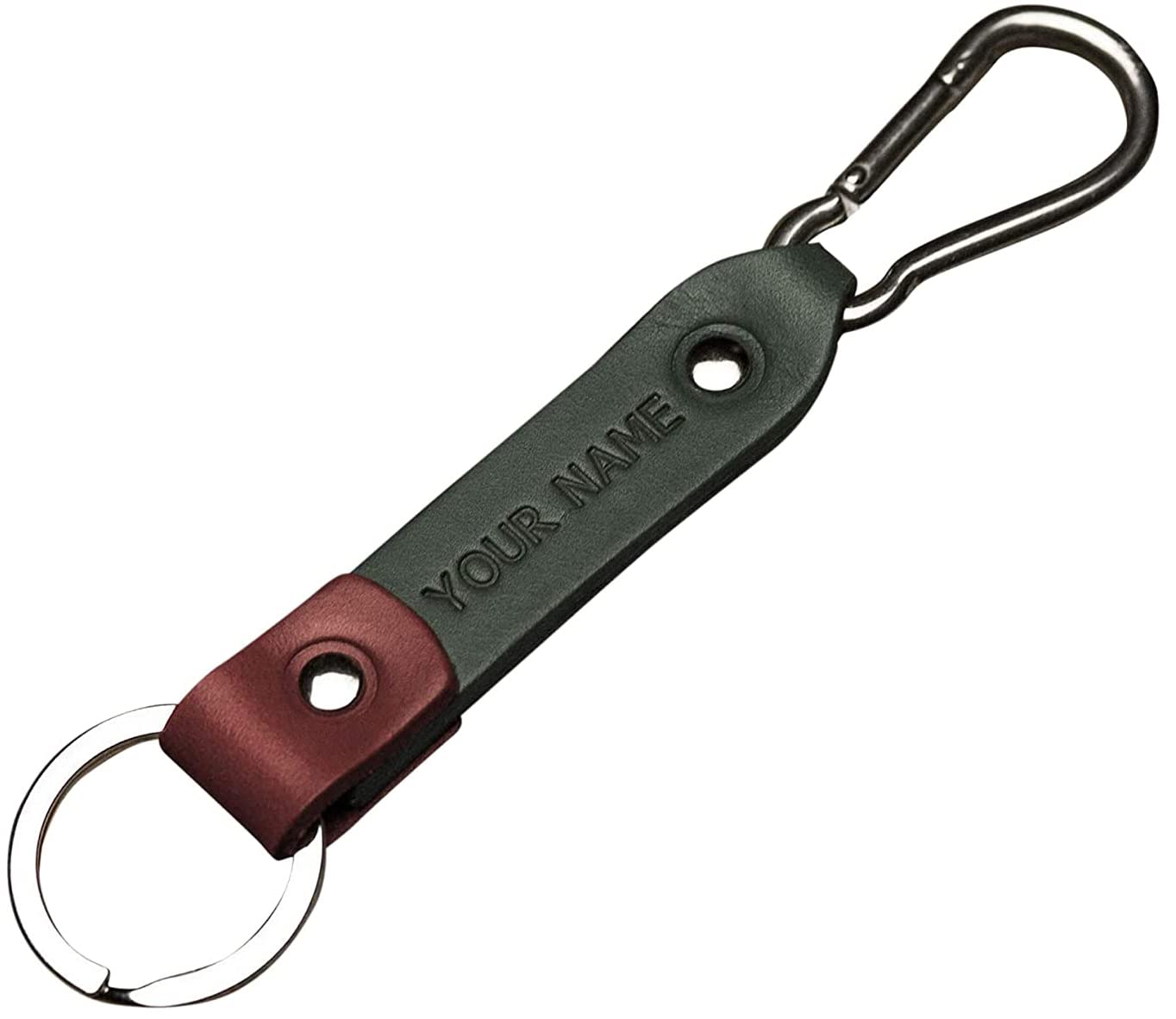 Verde y rojo llavero de cuero con gancho de mosquetón, llavero con monograma, llavero leontina soporte con grabado personalizado, regalo masculino, latitud longitud GPS
