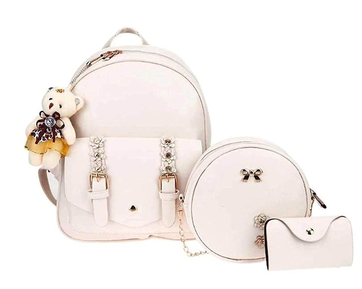 floki Fashion Girls 3-PCS Fashion Cute Mini Leather Backpack sling & pouch set for Women (white)-picture-25