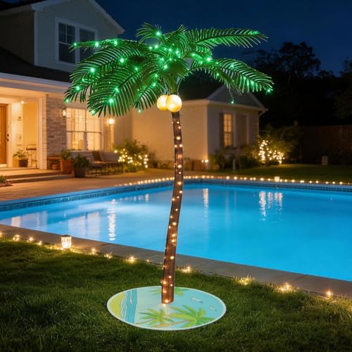 5ft Lighted Palm with Tree Skirt - 76 LED Lights with 14 Twinkling Lights & Glowing Coconuts Tropical Decor for Indoor Outdoor Patio Garden Party