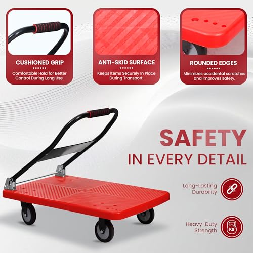 Image of Robustt 350 Kg Heavy-Duty Foldable Platform Trolley (Red) | Plastic Hand Truck with 360 Rotating Wheels & Cushioned Grip | Material Handling Cart for Home, Office, Warehouse & Industrial Use