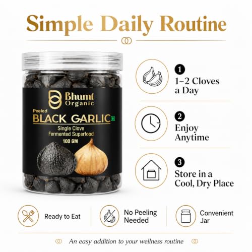 Image of Bhumi Organic Peeled Black Garlic Single Clove 100 gm | Fermented Superfood, Ready to Use