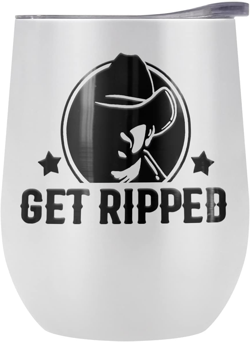 Yellowstone Official Get Ripped 12 OZ White Stemless Wine Tumbler, Stainless Steel Travel Cup|Lake Tumbler|Insulated with Leak Resistant Slide-Lock Lid