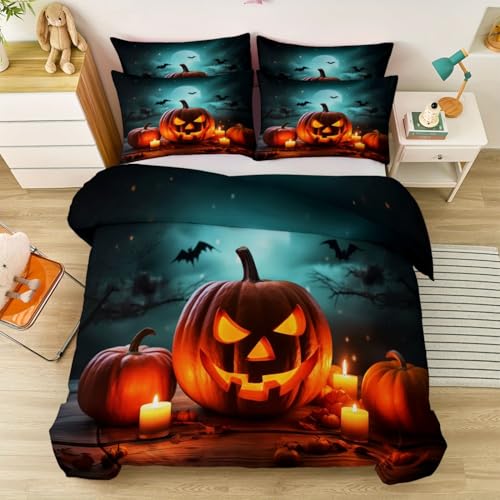 Funda Nórdica de Halloween 200 x 200 cm - Noche De Halloween Calabaza Murciélagos Juego de Funda Nórdica de Fácil Cuidado 3 Piezas, Negro Suave Microfibra para Niños Niñas Adolescente