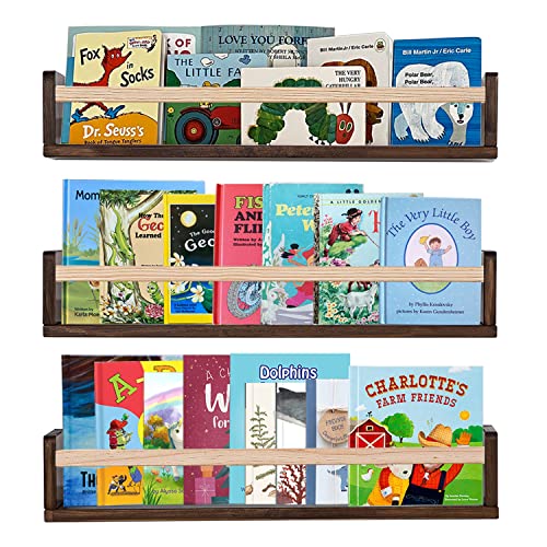 Image of AZSKY Nursery Book Shelves 24 in Set of 3 Wood Floating Book Shelves for Kids Room Wall Mounted Shelves for Nursery Room Décor Photo Frames Display Rustic Deep Walnut