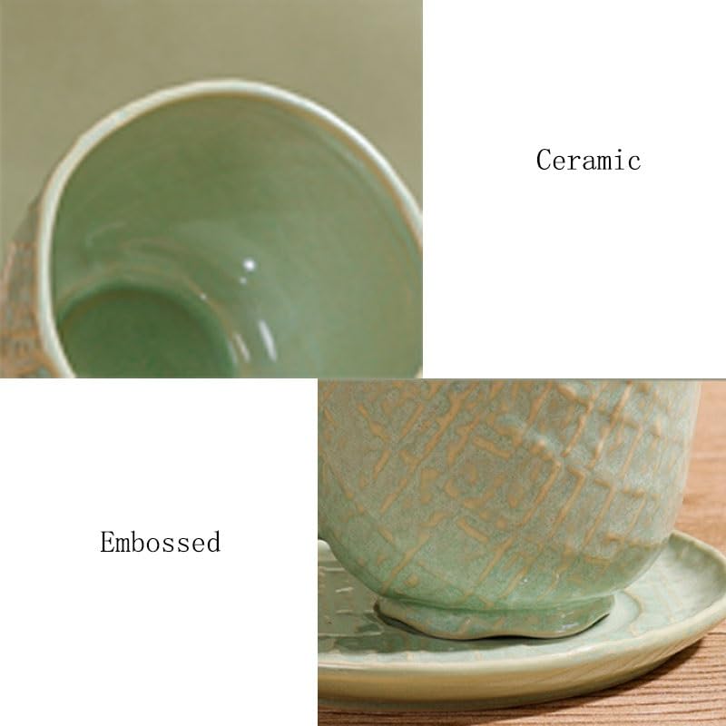 Porcelanowy kubek do kawy ze spodkiem, Tłoczony ceramiczny zestaw filiżanek do kawy i spodków Podwieczorek restauracja Zielony 15,4 x 7, cm