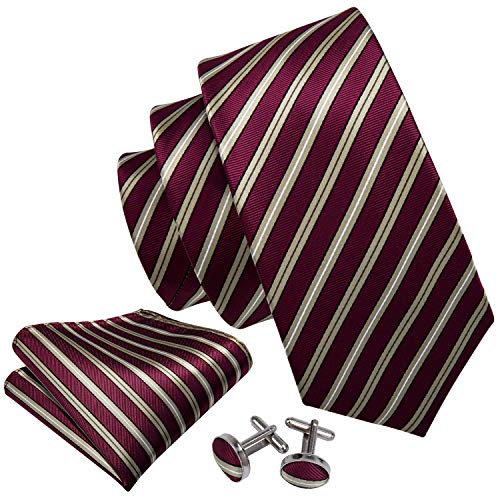 Image of Barry.Wang Tie Sets for Men Silk Stripe Necktie Woven Checkered Handkerchief Cufflinks Formal Business Wedding