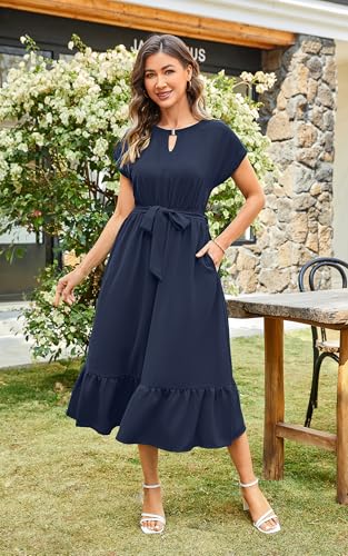 Image of ECOWISH Womens Casual Midi Dresses Solid V Neck Short Sleeve Button Shirt Belted Dress with Pockets for Spring Summer 2026