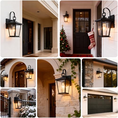 Image of Kalium Outdoor Light Fixtures Wall Mount, Waterproof Exterior Wall Lanterns with Glass, Matte Black, Outside Wall Sconces, Front Porch Lighting for House Garage Doorway Patio 12.5 in