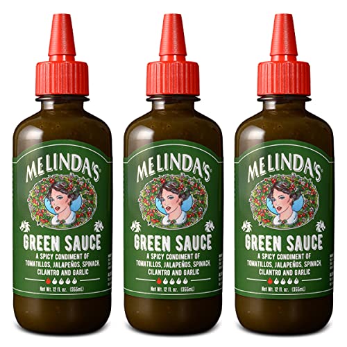Image of Melinda's Green Sauce - Gourmet Mild Chile Verde Hot Sauce Made With Fresh Ingredients, Tomatillos, Jalapeno, Spinach & Cilantro - 12 oz, 3 Pack