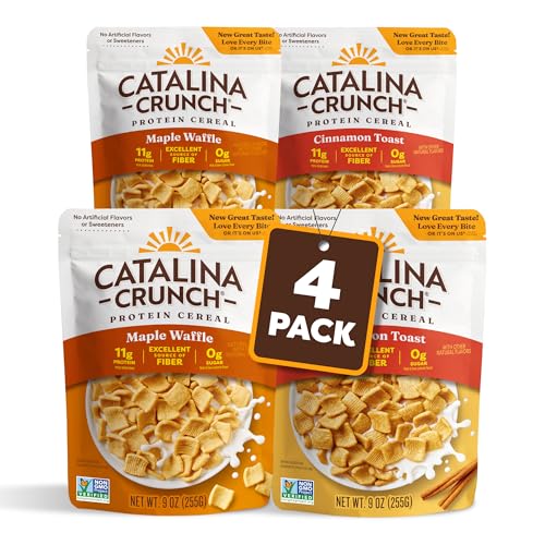 Catalina Crunch Protein Cereal | Sugar Free Breakfast Cereal with 11g of Protein | Gluten Free, Keto Friendly | Variety Pack Cinnamon Toast & Maple Waffle (Pack of 4) - Packaging May Vary