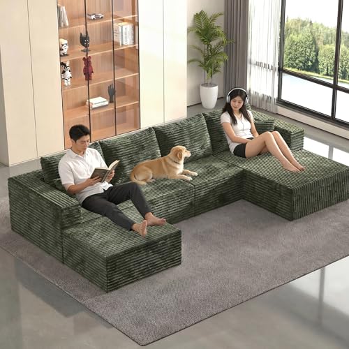Image of 138 inch Modular Sectional Sofa, Modern U-Shaped Cloud Couch, Soft Corduroy Boneless Couch with 3060 High Rebound Memory Foam, Sectional Couches for Living Room,Green (Right Facing Chaise)