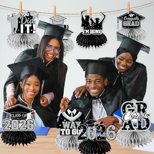 Image of 12pcs Graduation Table Decorations,Black Silver Graduation Decorations 2026 Graduation Centerpieces for Tables,Class of 2026 Centerpieces Honeycomb for Congrats Grad Table Decor(Black)