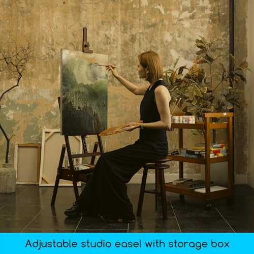 Image of MEEDEN Studio H-Frame Easel with Storage Drawer - Adjustable (60 inch~75 inch) Forward Tilting Solid Beech Wood Easel Stand for Artists, Students & Beginners, Holds Canvas Art up to 36 inch, Deep Walnut