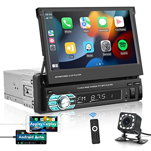 Podofo 1 Din Autoradio avec Carplay&Android Auto Ecran Tactile 7 Pouces Télescopique Bluetooth Auto Radio Poste Radio Voiture Main Libre USB/TF/FM/Aux-in + Camera de Recul