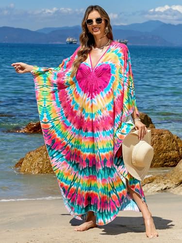 Image of IMAGEKOPE Women's Plus Size Animal Print V-Neck Batwing Kaftan Beach Dress Bathing Suit Cover-Up Loungewear